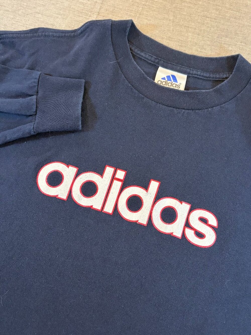 Vintage Adidas Navy Blue Longsleeve Tee Red Outline Graphic White Logo Sz L USA
